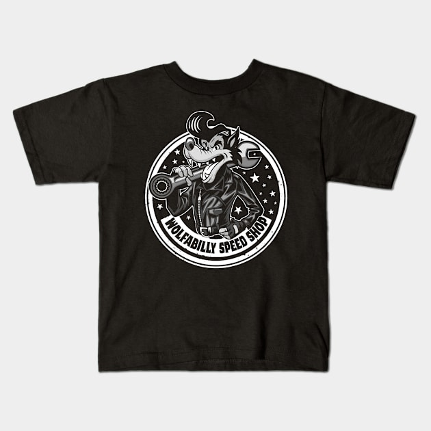 Wolfabilly Speed Shop Kids T-Shirt by CosmicAngerDesign